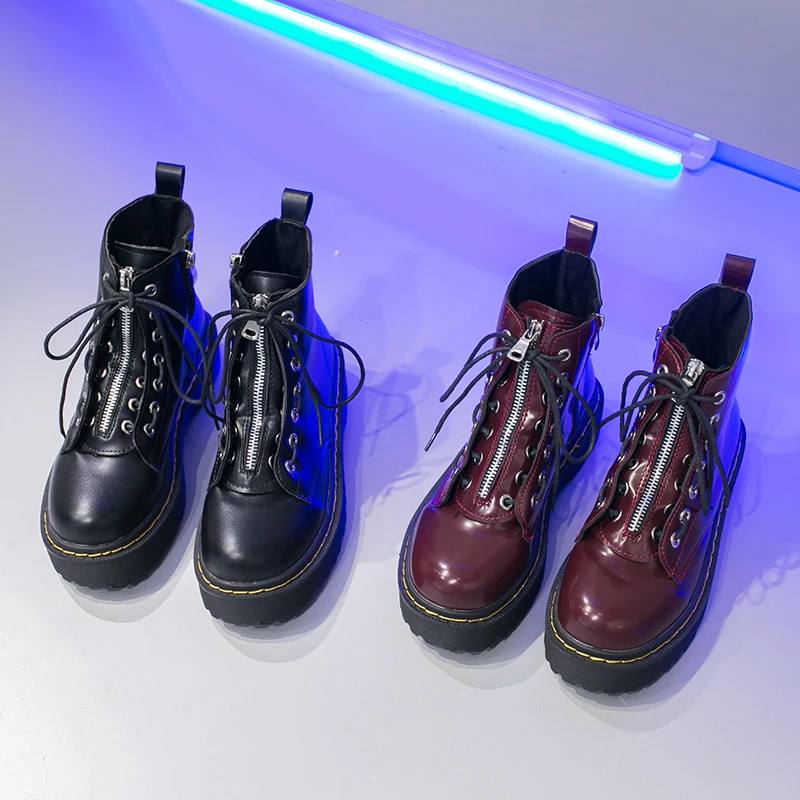 Г., новые армейские ботинки в стиле панк женские ботинки на платформе кожаные ботильоны красного и черного цвета Женская Винтажная обувь на молнии со шнуровкой в готическом стиле