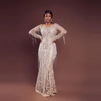 luxury crystals evening dresses aso ebi style long sleeves mermaid women plus size prom gowns with tassels long sleeves