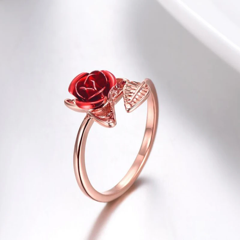 

Resizable Finger Rings For Women Valentine's Day Gift Jewelry Women Sweet Ring Red Rose Garden Flower Leaves Open Ring