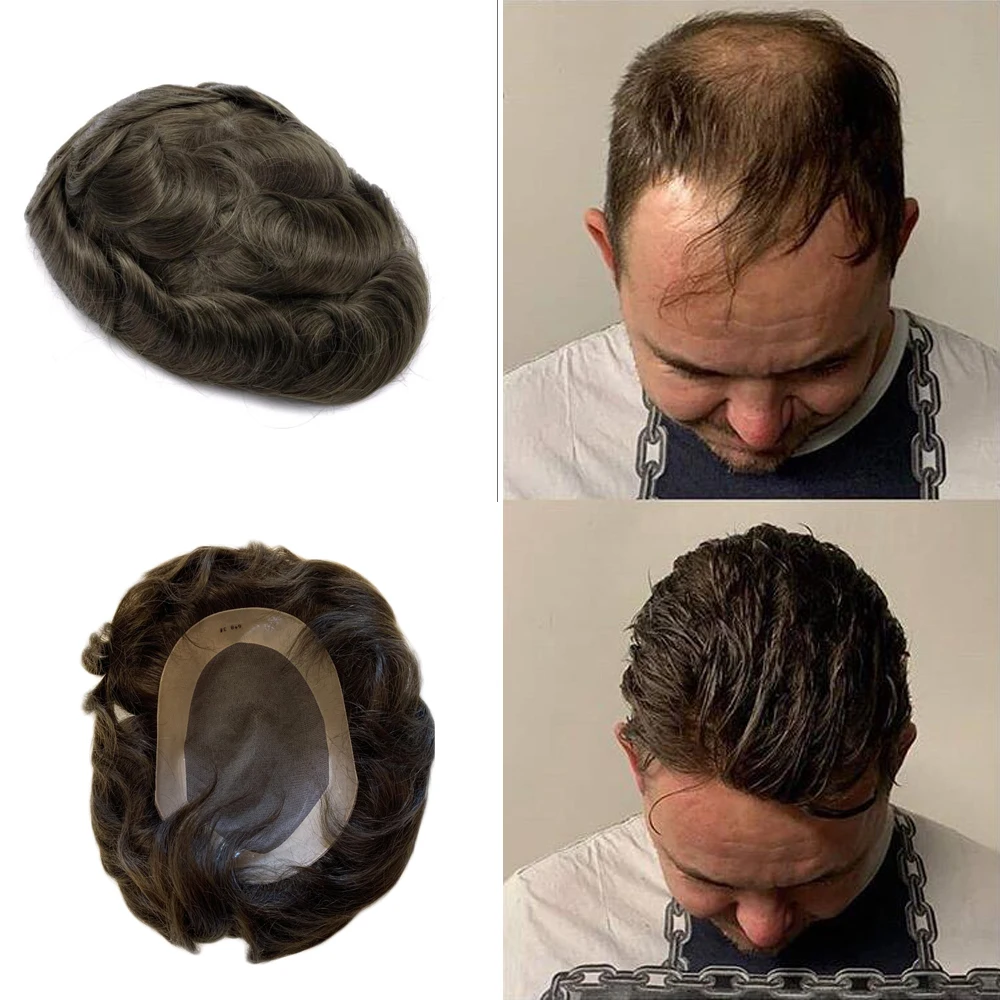 BYMC Full Mono lace base +pu, Natural Replacement for men,Natural Black Hand Tied Mono Filament Base Mens Toupee Free Shipping