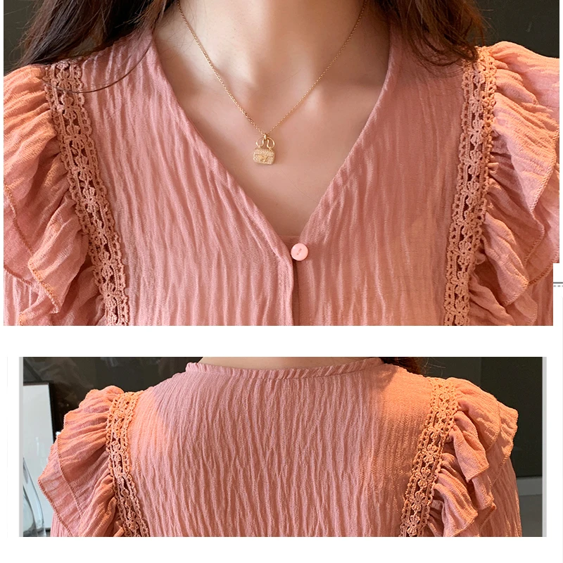 

New 2021 Autumn Cardigan Solid Women Blouse Shirt Office Lady Long Sleeve Red Lace Chiffon Blouse Women Blusas Mujer 6475 50