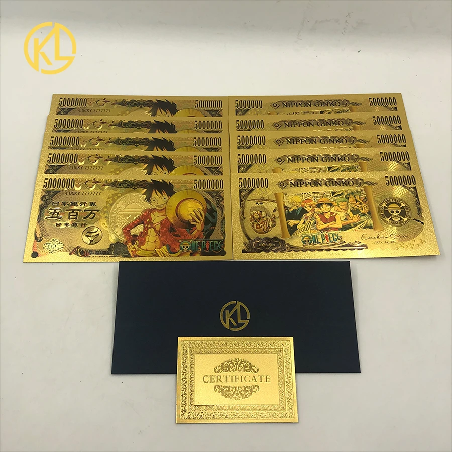 10pcs/lot Japan Anime One Piece Gold Foil plastic Banknote Ticket for Fans Collection fake money