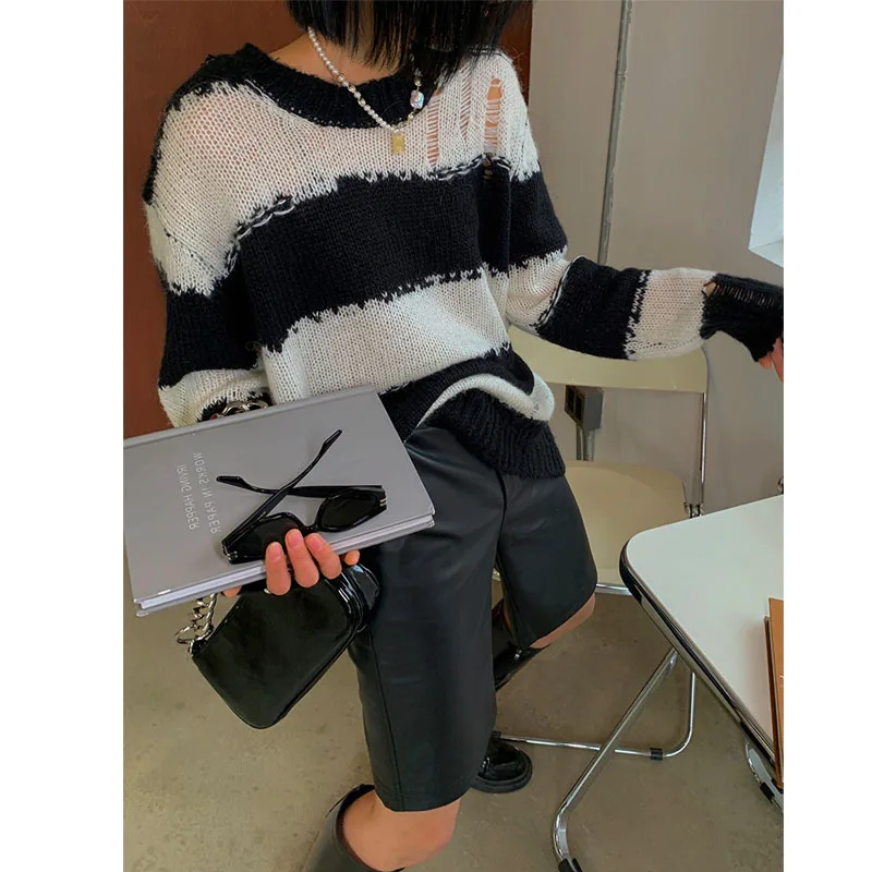 

Новинка Осень-Зима Свободный вязаный свитер Y2k в Корейском стиле пуловер с круглым вырезом с дырками и принтом для лета Повседневный свитер ...