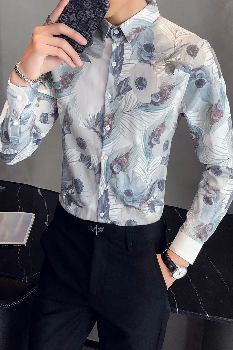 

British Style Men Floral Shirts Casual Fashion 2020 Long Sleeve Shirts for Men Slim Fit Streetwear/Club/Prom Tuxedo Dress 3XL-M