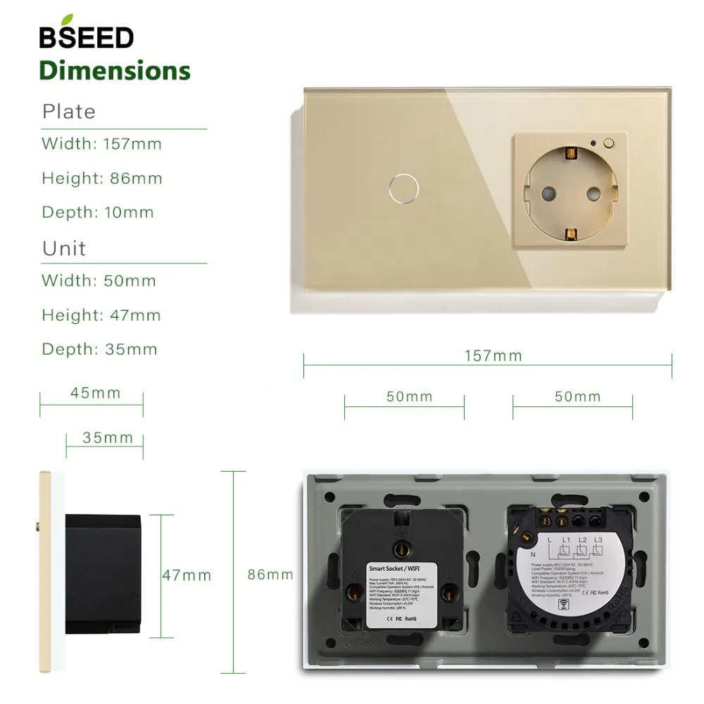 BSEED 16A Wi-Fi сенсорный выключатель 1 комплект ЕС Стандартный ЕС розетка с 3 цвета Кристалл Стекло Панель Умный переключатель