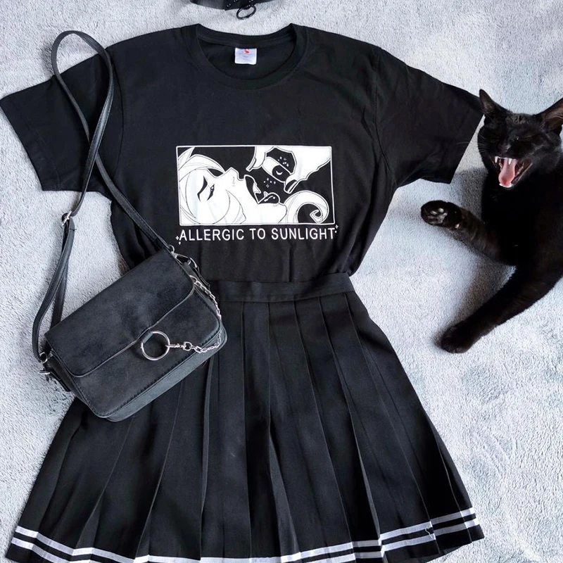 

Allergic To Sunlight Funny Women Gothic T shirts Plus Size Black Cotton Round Neck Short Sleeve Tops Ins Fashion Harajuku Tees