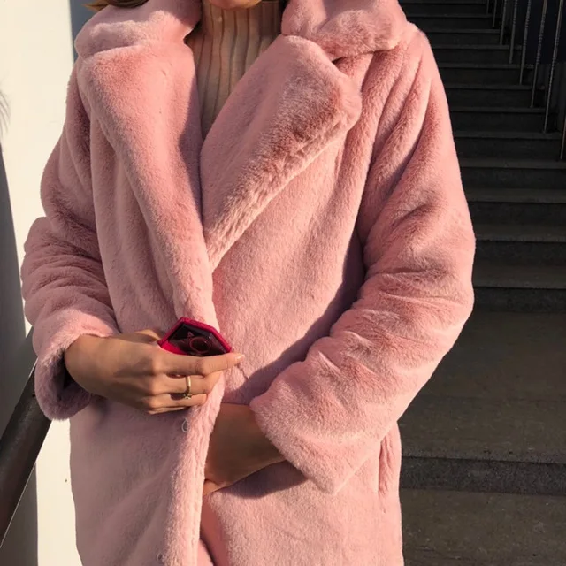 Smooth Liner pink Зимнее женское качественное пальто из искусственного кроличьего меха, роскошное длинное меховое пальто, свободные пальто с отворотом, толстые теплые женские пальто больших размеров, 414 - Цвет: Smooth Liner pink