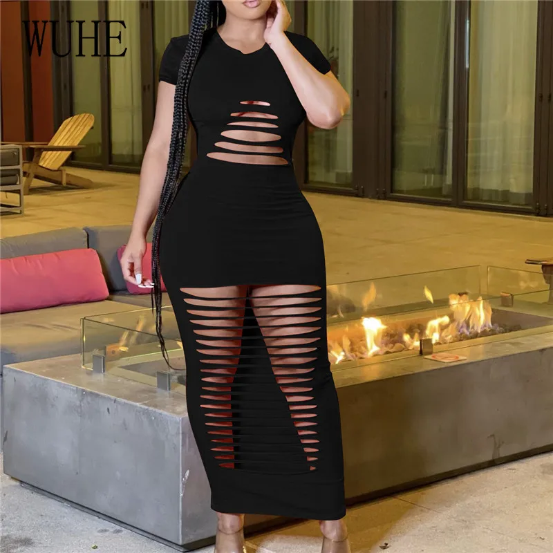 

WUHE Hole Hollow Out Bodycon O Neck Package Hip Short Sleeve Skinny Elegant Women Nightclub Party Streetwear Summer Dresses