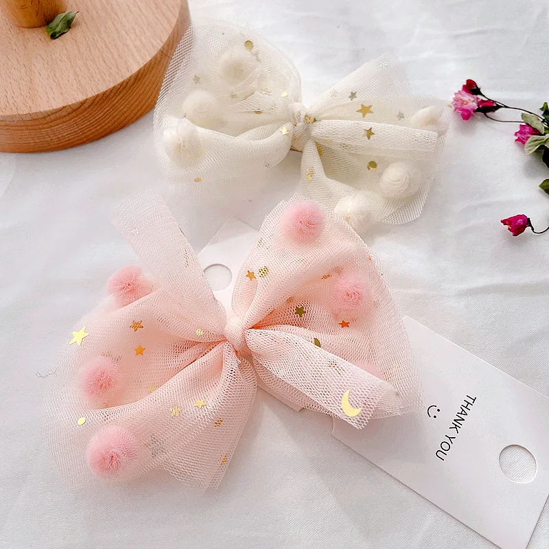 

Boutique 10pcs Fashion Cute Glitter Star Tulle Bow Hairpins Color Pom Pom Bowknot Hair Clips Princess Headwear Hair Accessories