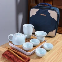 blue and white porcelain travel tea set ceramic teapot cover bowl tea cup fair cup tea tray portable leather bag