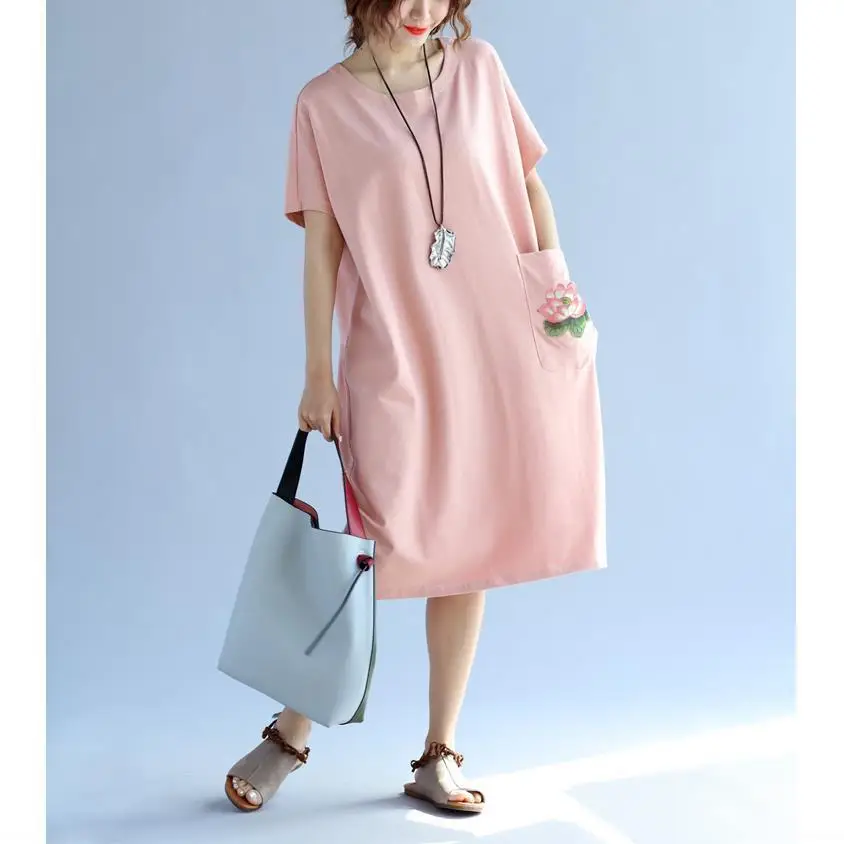 

Summer 2021 Short Sleeves Casual Long Dresses Women Plus Size Cover Belly Lotus Floral Pattern Elegant Vintage Basic Dress