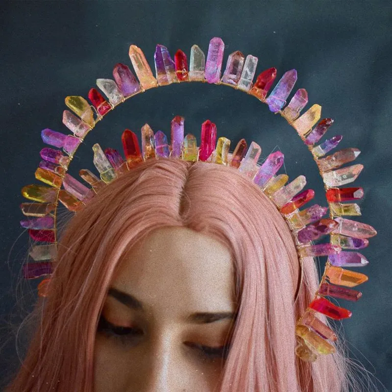 

Double Layer Quartz Crystal Hairpin Accessories Crown Headband Elegant Rainbow Bridal Hair Pin Mermaid Jewelry Pick Princess