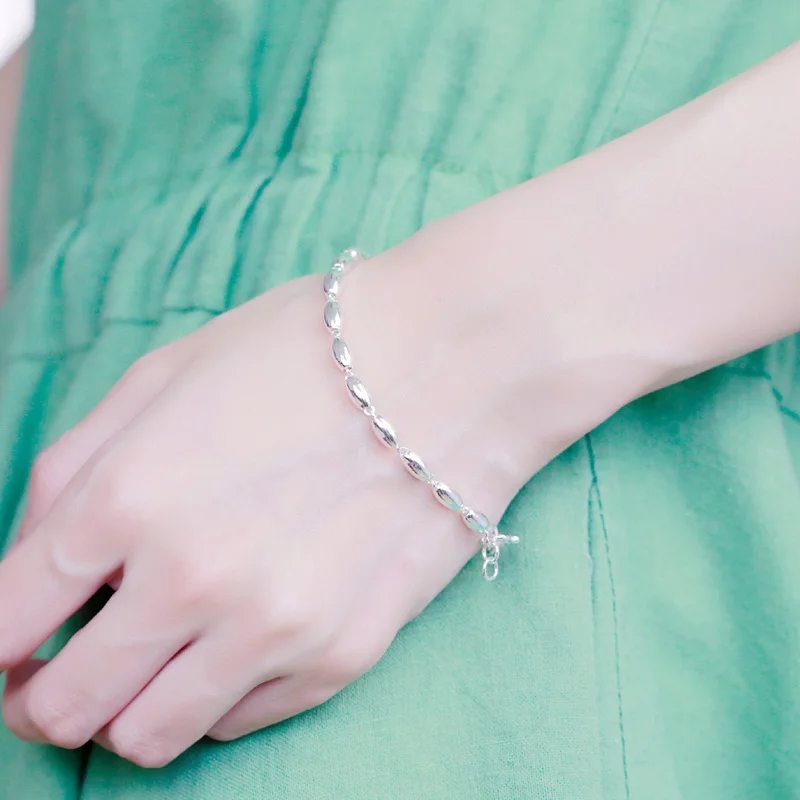 

Women's Bracelet 999 Sterling Silver Olive Bead Bracelet, Transfer Bead Round Bead Bracelet Jewelry, Valentine's Birthday Gift