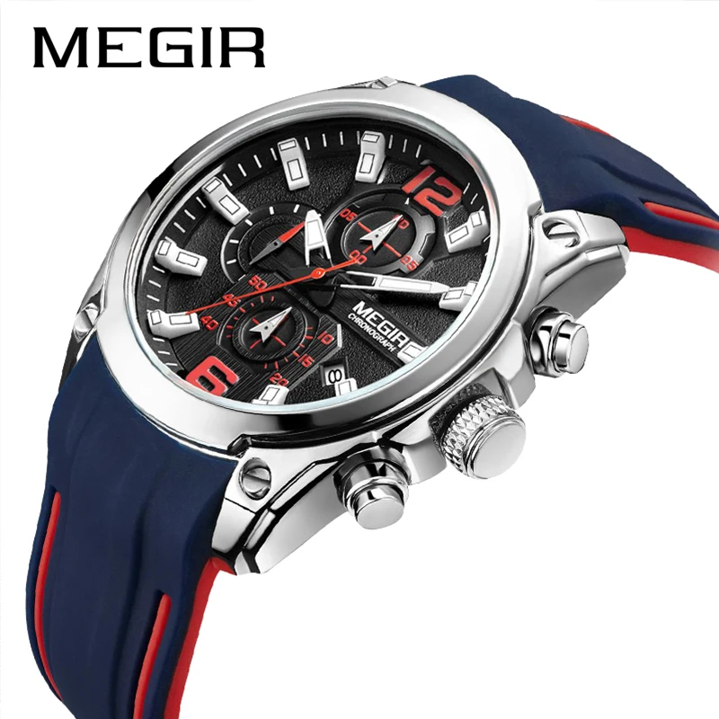 MEGIR, мужские часы, брендовые, Роскошные, с хронографом, кварцевые часы, кожа, водонепроницаемые, спортивные часы, наручные часы, 2063, военные часы