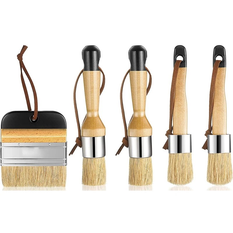

SHGO HOT-5 Pcs Chalk and Wax Paint Brushes Bristle Stencil Brushes Painting Brushes, Including Flat Pointed and Round Chalked