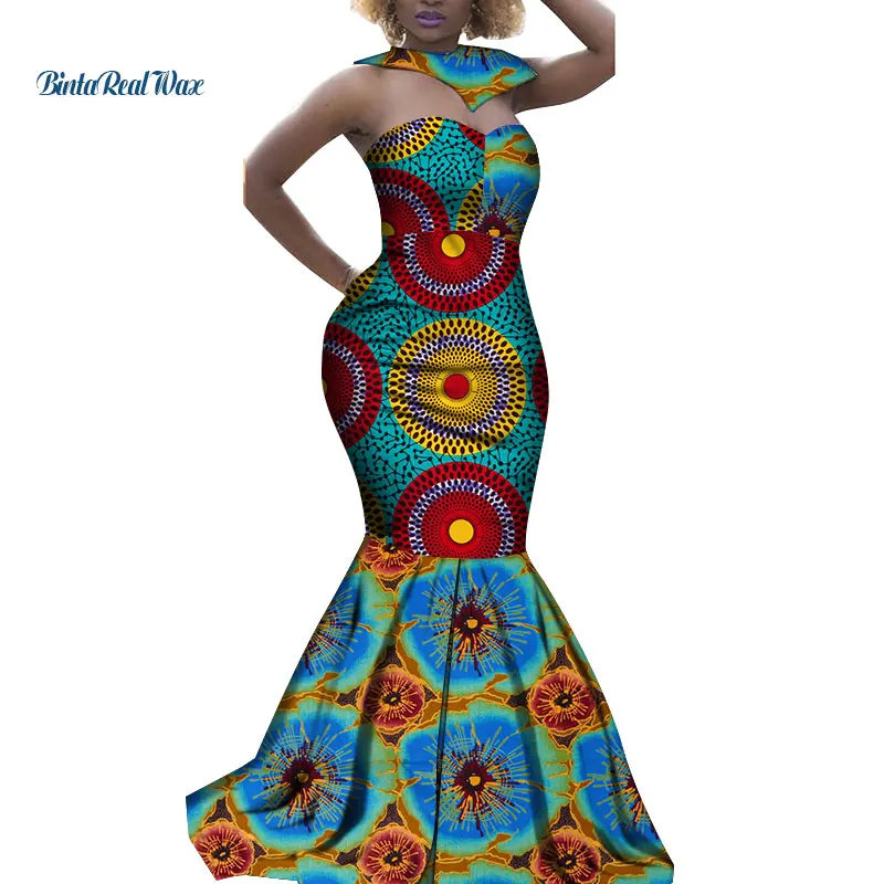 

New Dashiki African Print Long Dresses for Women Bazin Riche African Clothes Mermaid Dresses with Cape Choker Vestidos WY3436