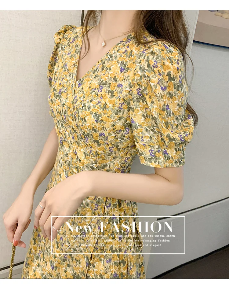

New hot dress French retro women's dress multi color V-neck retro floral sexy mid length spring summer hot women's dress