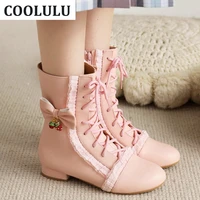 coolulu women lolita shoes low heel ankle boots cosplay lace up combat boots cute women winter boots with bow flats booties
