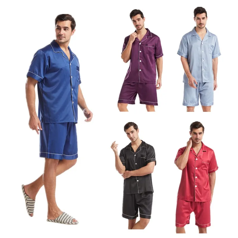 

Retail Men Satin Silk Pajamas Suit Male Sleepwear Lounge Wear Two Piece Set Short Sleeve Shirt And Shorts Homewear T103