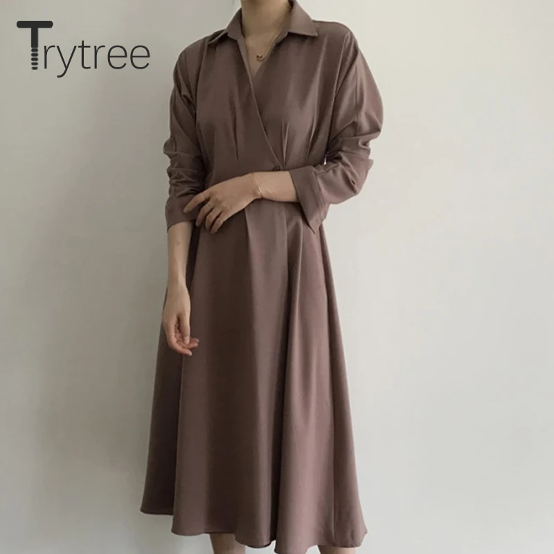 Осень зима 2020 женское Повседневное платье трапеция Trytree с отложным воротником