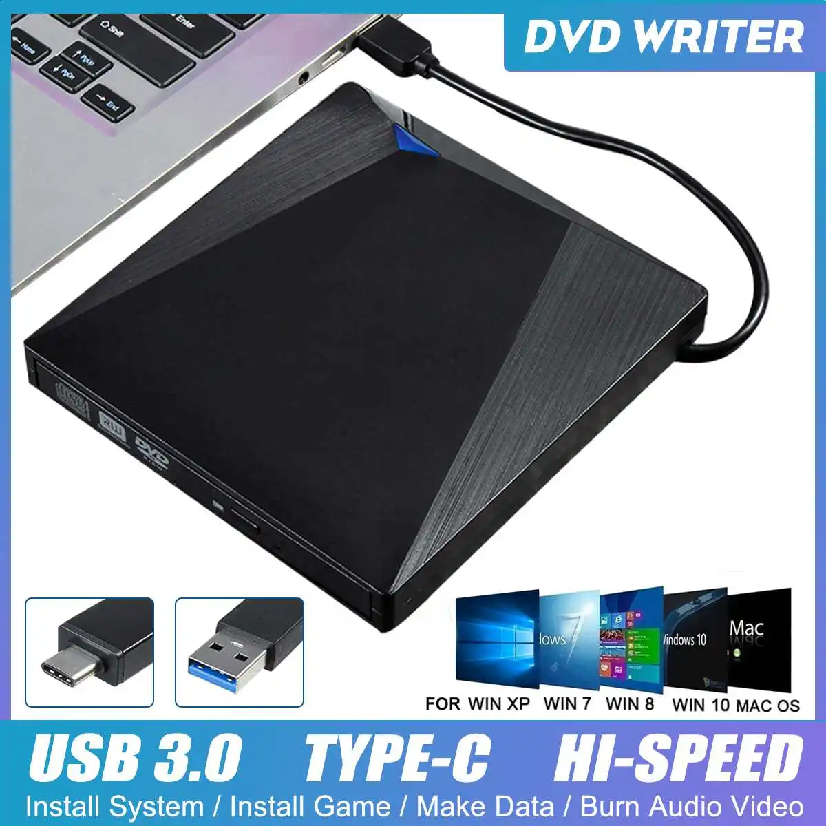 

Type-C USB 3,0 внешний DVD привод 5 Гбит/с высокоскоростной ультра-тонкий портативный CD/DVD RW ROM внешний диск для ноутбука Windows XP/7/8/10