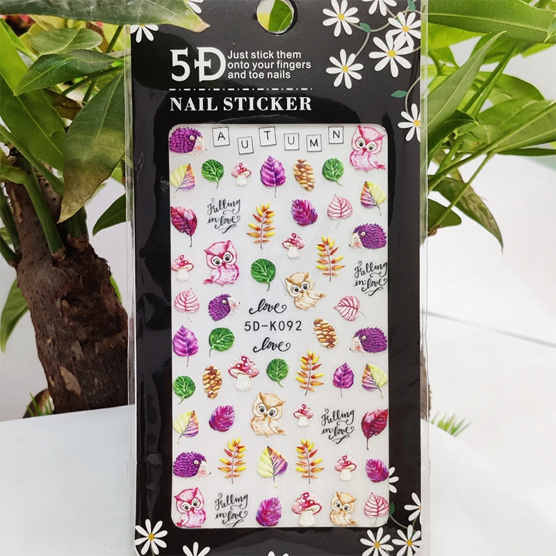 

5D Stickers for Nails Cute Owl Mushroom Leaf Letter Nail Art Decorations Stereoscopic Sticker Accessories Anaglyph Effect Design