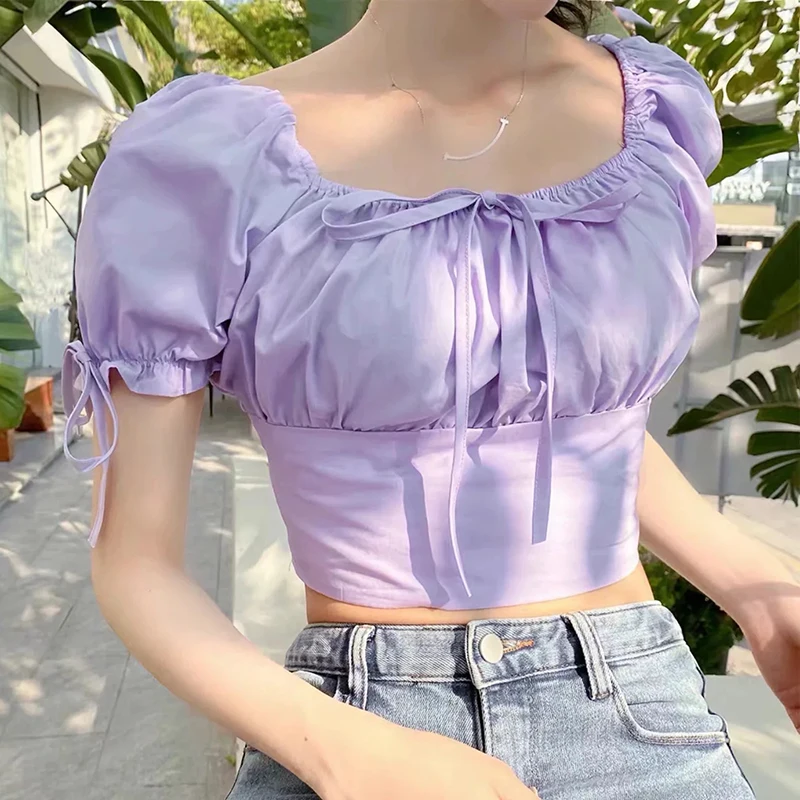 

women french style sweet purple summer short blouse 2020 chic lady short puff sleeve bow elastic waist elastic short shirt tops