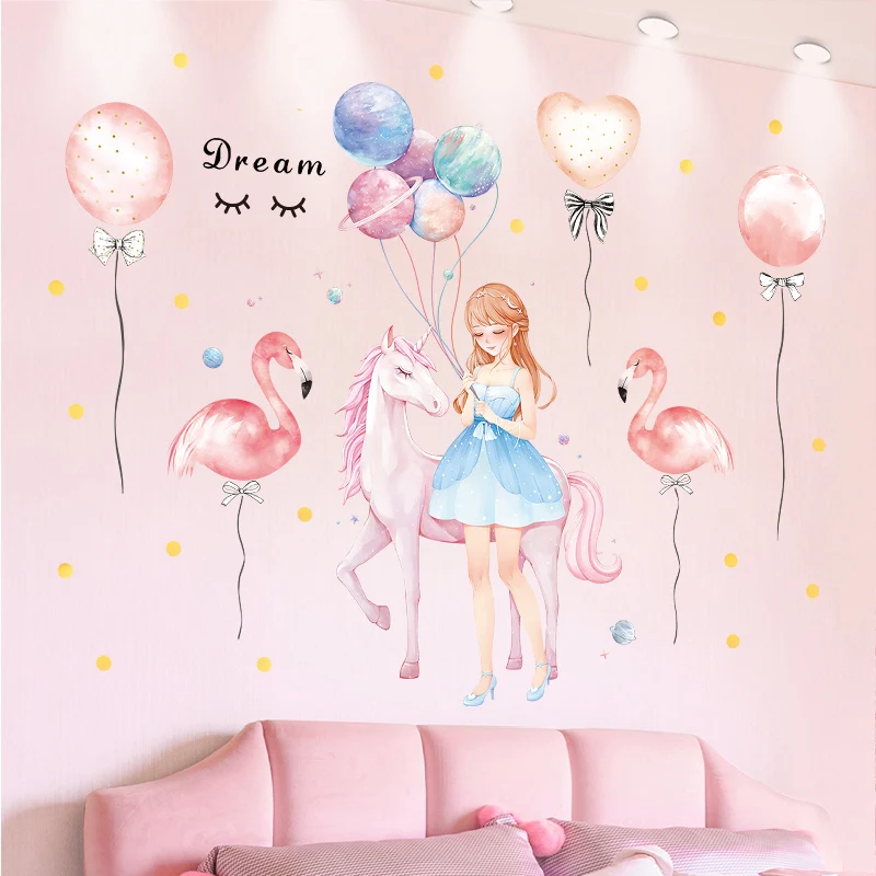 

Cartoon Flamingo Unicorn Balloon Wall Stickers for Princess Girls Bedroom Background Wall Decor Removable PVC Decals Wallpapers