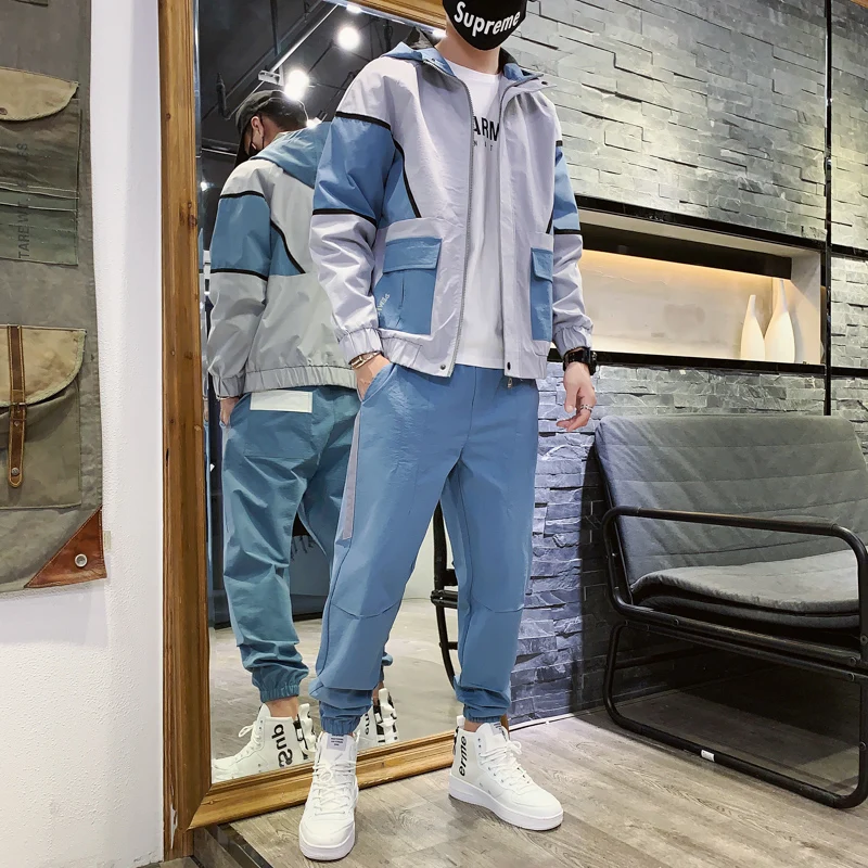 

2020 Workwear Jacket Men's Hooded Jacket+Pants 2PC Sets Loose Hip Hop Tracksuit Mens Coat & Long Pants Mens Clothing Streetwear