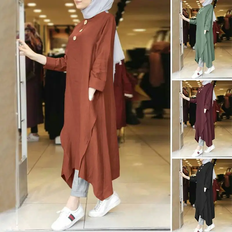 Платье женское средней длины в мусульманском стиле, винтажное асимметричное длинное платье с длинным рукавом, на пуговицах, однотонное пла...