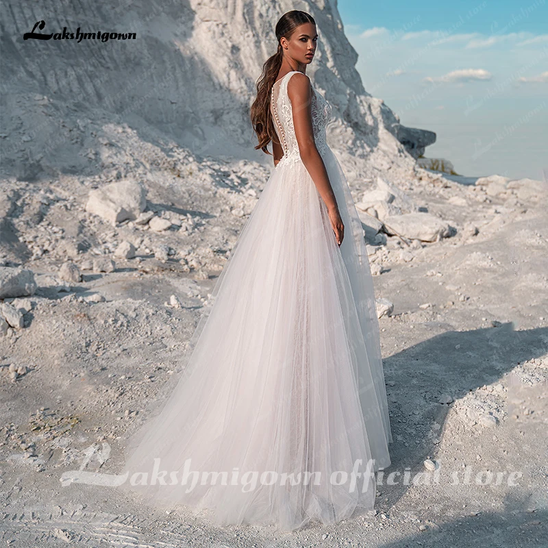 

Classic Tulle A-Line Wedding Gowns 2021 V Neck Sleeveless Appliques Lace Sweep Train Bridal Dress robe de mariee