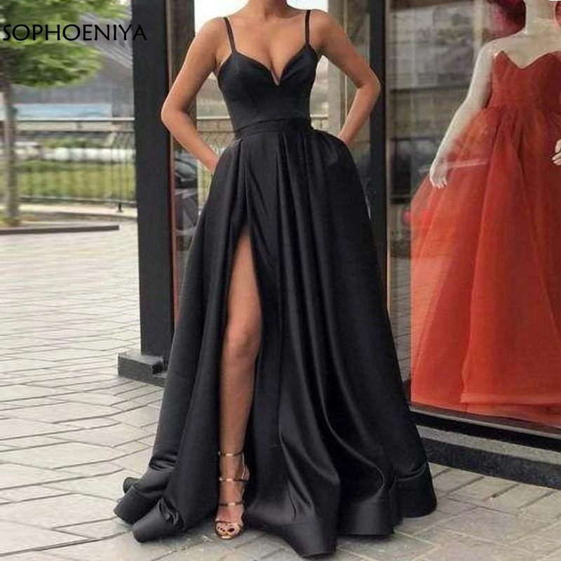 

Champagne Muslim Evening Dress 2021 High Slit Satin Spaghetti Straps Sweetheart A-Line Long Prom Dresses Burgundy Evening Gowns