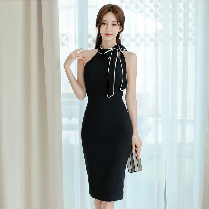 

Черное платье с лямкой на шее, элегантное женское приталенное сексуальное платье с открытыми плечами