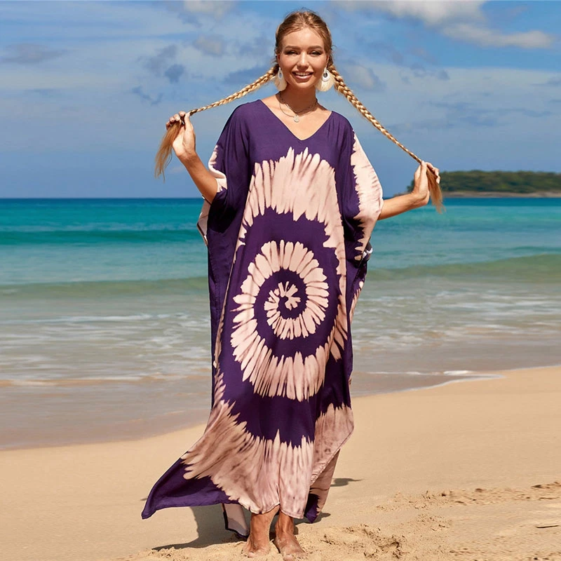 

Batik Print Kaftan Women Flowing Loose Maxi Gown Oversized Beach Cover Up Dream Purple Tie-Dye Drape Party Dress Chic Long Tunic