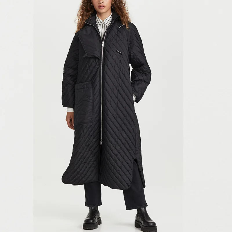 

2021 Winter Black Zipper Long Cotton Coat Checkered Maxi Long Cotton Jacket for Women