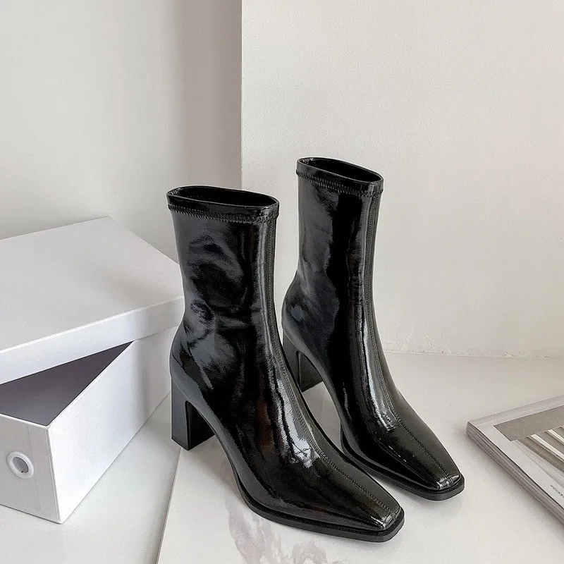 

Fashion Black Sexy Ankle Boots Women High Heels Shoes Ladies Thigh High Boots Spring Leather Long Boots Female Shoe A6-42
