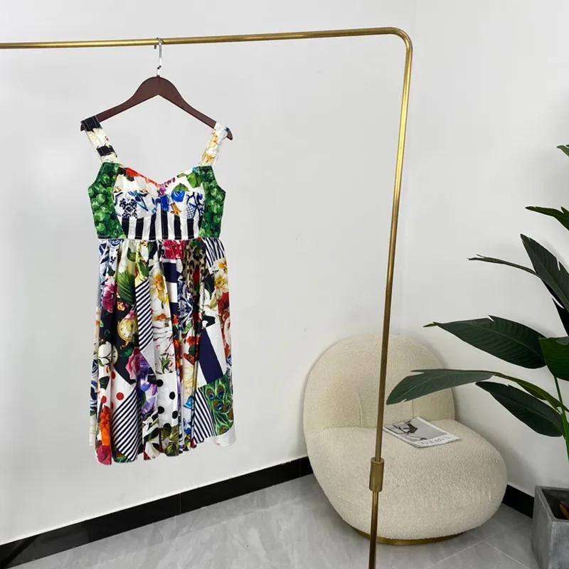

High Quality Cotton Summer Women Fashion A-line Floral Print Tank Shoulder Strapless Collar Mini Dresses