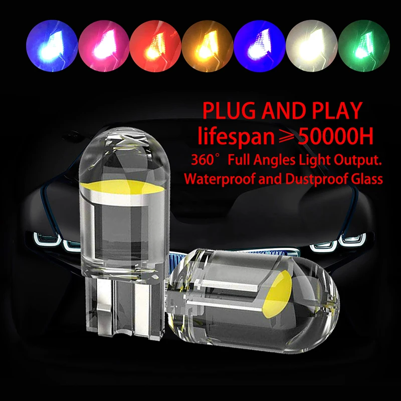 

T10 Led Lights 2/10pcs W5W 194 Glass Housing LED Lamp Car Bulb White Wedge License Plate Lamp Dome Light 7 Color Auto Universal