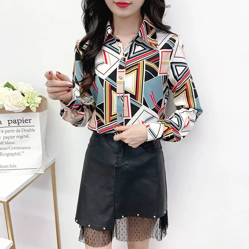 Korean Fashion Woman Blouses 2021 Printed Long Sleeve Turn-Down Collar Slim Chiffon Women Oversize Shirts Tops Blusas Mujer