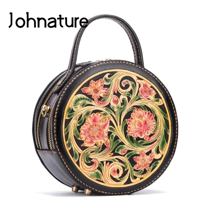 

Johnature Ladies Hand Bags Shoulder Luxury Women Bag 2021 New Handmade Cowhide Carving Small Retro Hand Painted Handbag