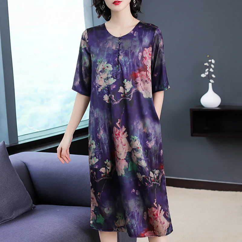Новинка 2020 Летнее шелковое платье женское повседневное Цветочное большого