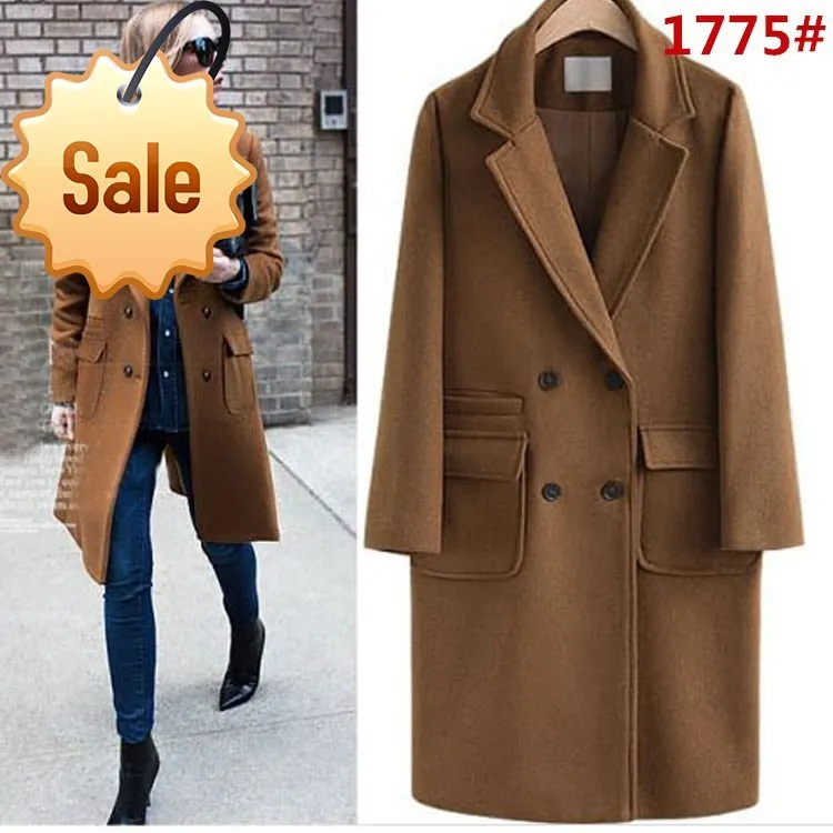 

2021 new Lapel medium length solid color double breasted pocket coat wool coat women