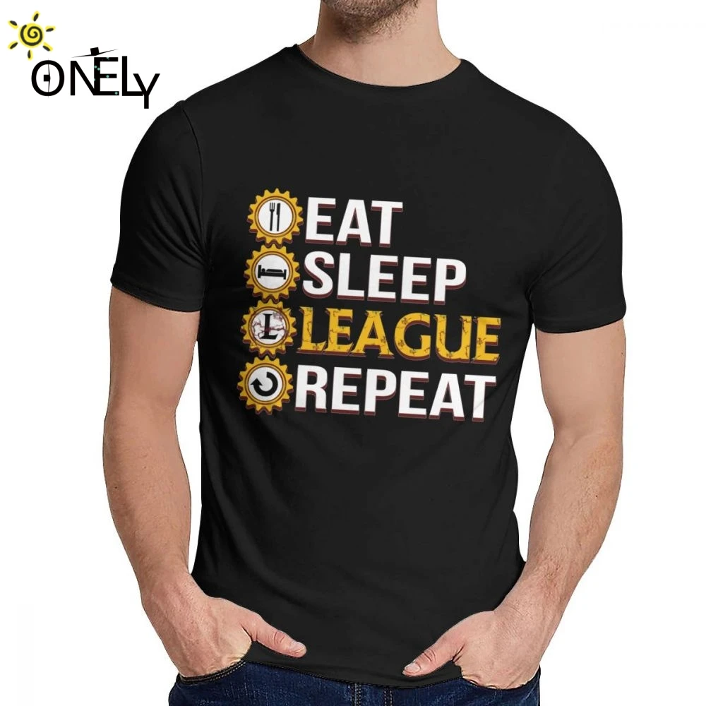 

League Of Legends Eat Sleep League Repeat Tee Shirt Leisure Round Collar Cartoon Men's Vintage Pure Cotton S-6XL Plus Size