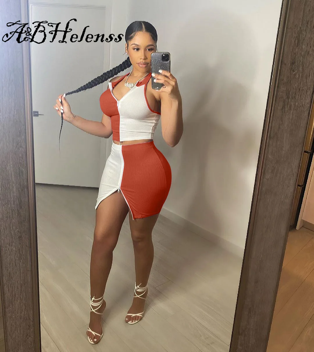 

Summer Knit Rib Skirts Matching Set Women Sexy Patchwork Zipper Sleeveless Crop Top + Mini Skirts Bodycon Two Piece Set Outfits