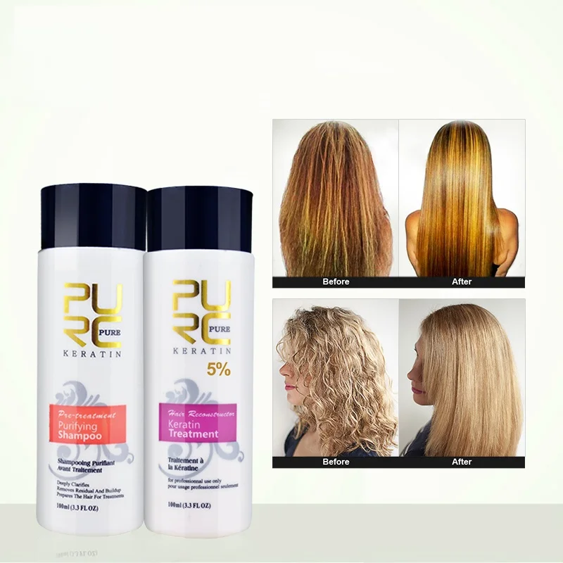 

Выпрямление Уход за волосами и кожей головы вьющихся волос PURC, бразильское Кератиновое лечение + очищающий шампунь, набор для ухода за волос...