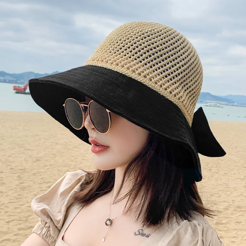 

YOSE Elegant Women Summer Hollow Out Outdoor Wide Brim Sun Protection Hats Beach Ladies Bow-Knot Bucket Hat Foldable Sunhat Caps