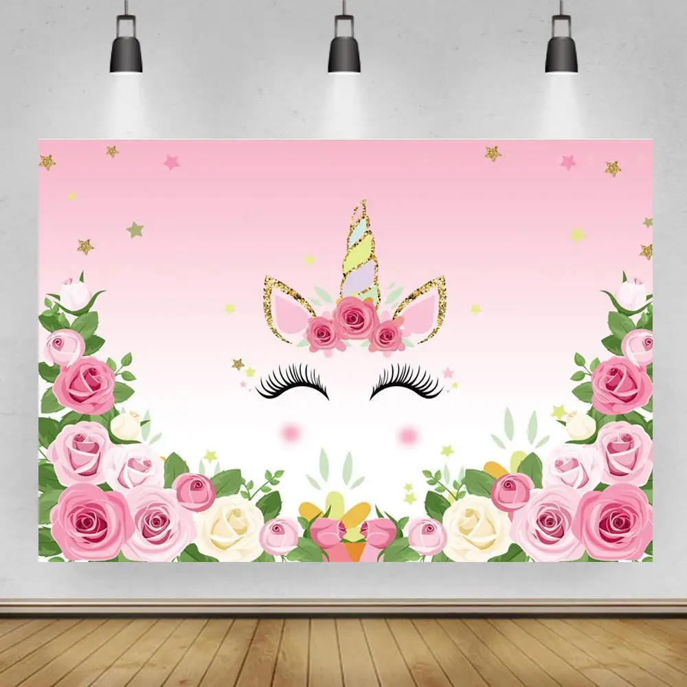 

Unicorn Backdrops For Photography Happy Birthday Party Rainbow Flowers Customized Poster Child Baby Photo Background Photostudio