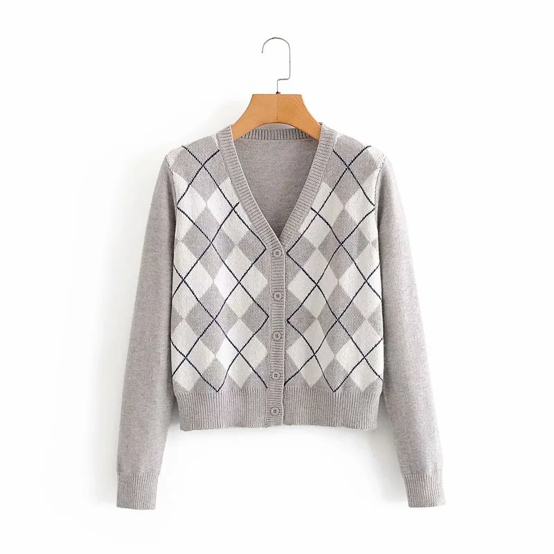 

Vintage Argyle Cardigans Women Winter V Neck Long Sleeve Pockets Pull Female Sweet Purple Cardigans Sweaters Jumper