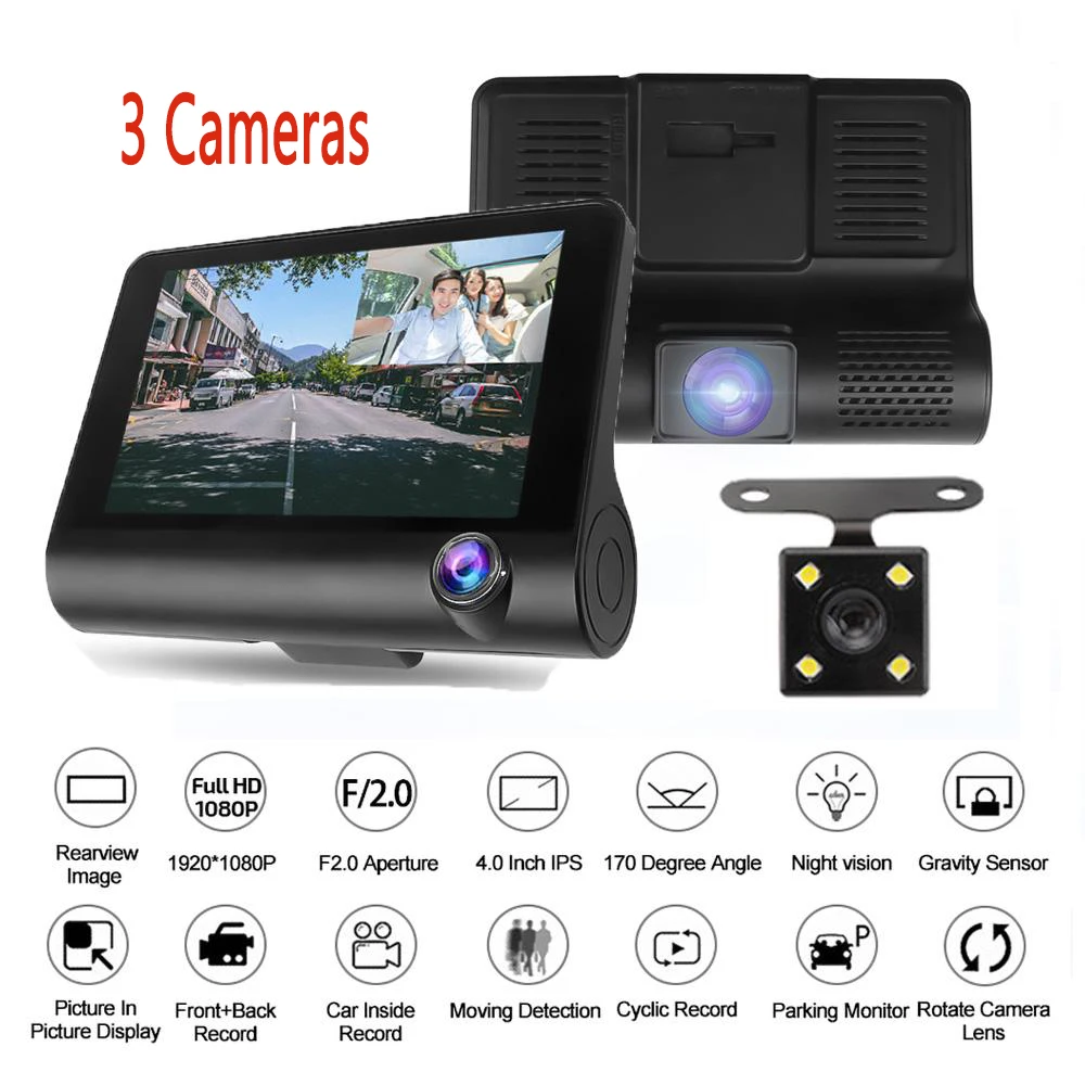 Автомобильный видеорегистратор 1080P 3 камеры 4 0 дюйма
