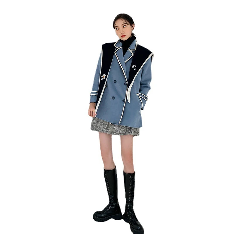 

2021 Fashion Spring and Autumn Coat Tweed Jacket Women's Blue Double Breasted Designer Coat Year Fashion Coat